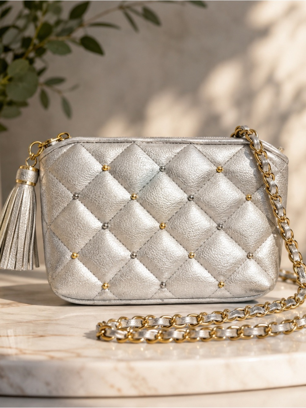 NWT Saddle River Silver Metallic Quilted Crossbody Bag Gold Chain Tassel